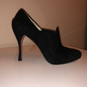 Prada Black Suede Bootie Shoe Heel Boots sz 7 37.5